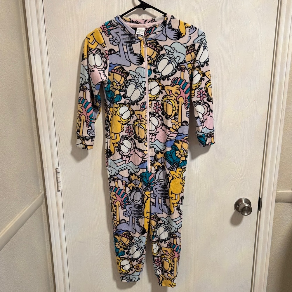 Delta Garfield Girls 7-8 Full Zip Soft Velour Feel Footless Pajamas Pockets Cute
